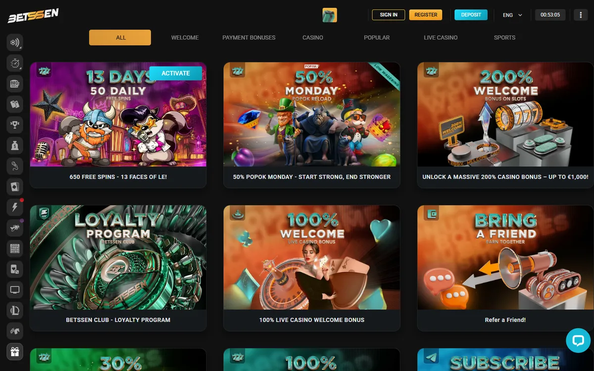 Betssen Casino — «Акции», снято из страны Канада