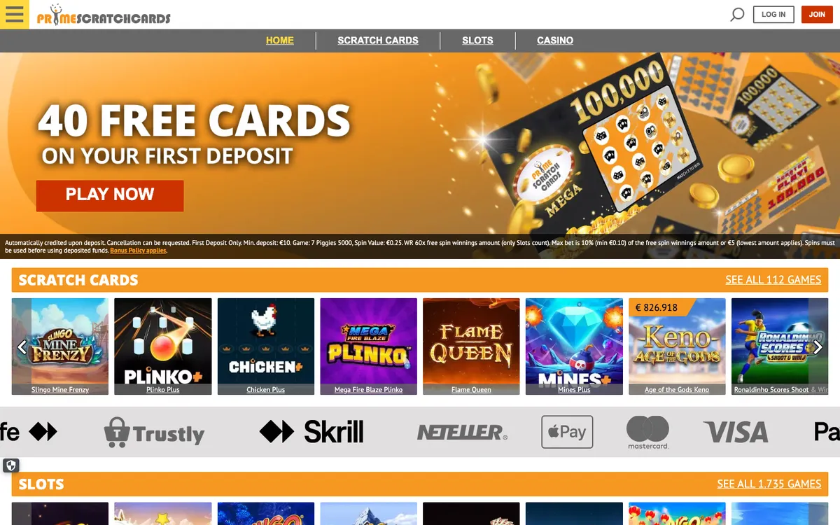 Prime Scratch Cards Casino — Home page, captured from Belgium