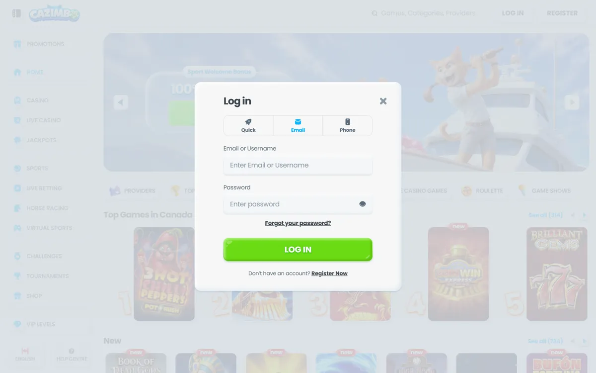 Cazimbo Casino — Sign-up, captured from Canada