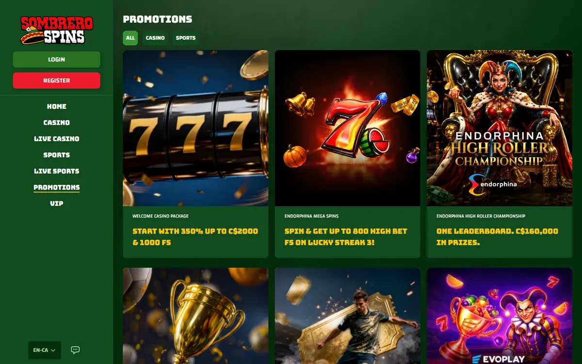 Sombrero Spins Casino — Promotions, captured from Canada