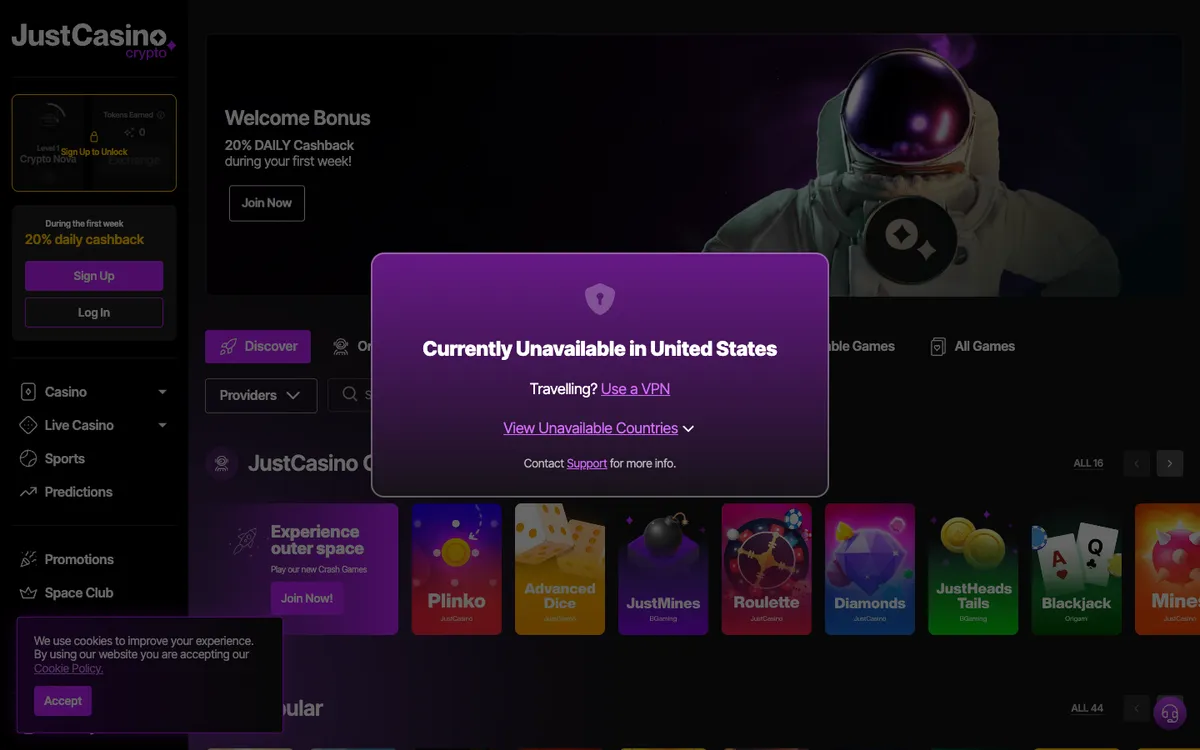 JustCasino.io — «Регистрация», снято из страны Соединенные Штаты