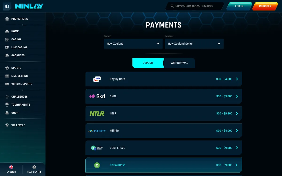 Ninlay Casino — «Платежи», снято из страны Новая Зеландия
