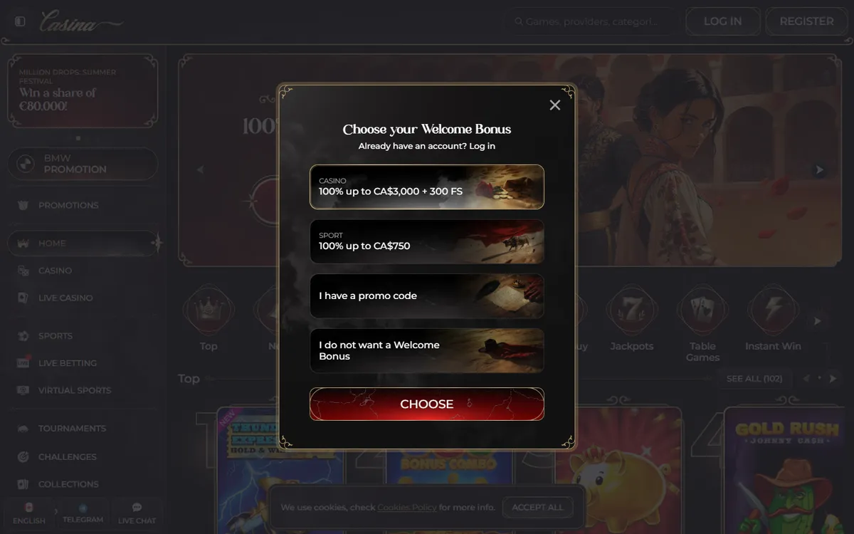 Casina Casino — «Регистрация», снято из страны Канада