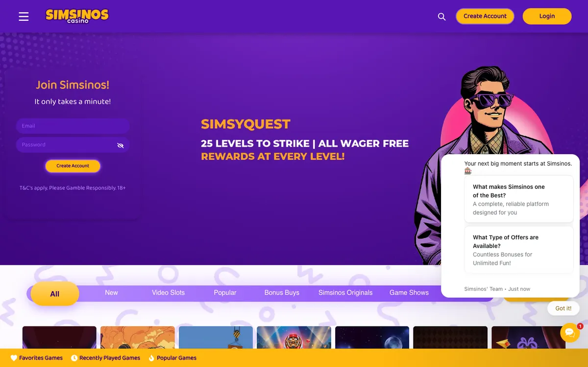 Simsinos Casino — Home page, captured from Australia