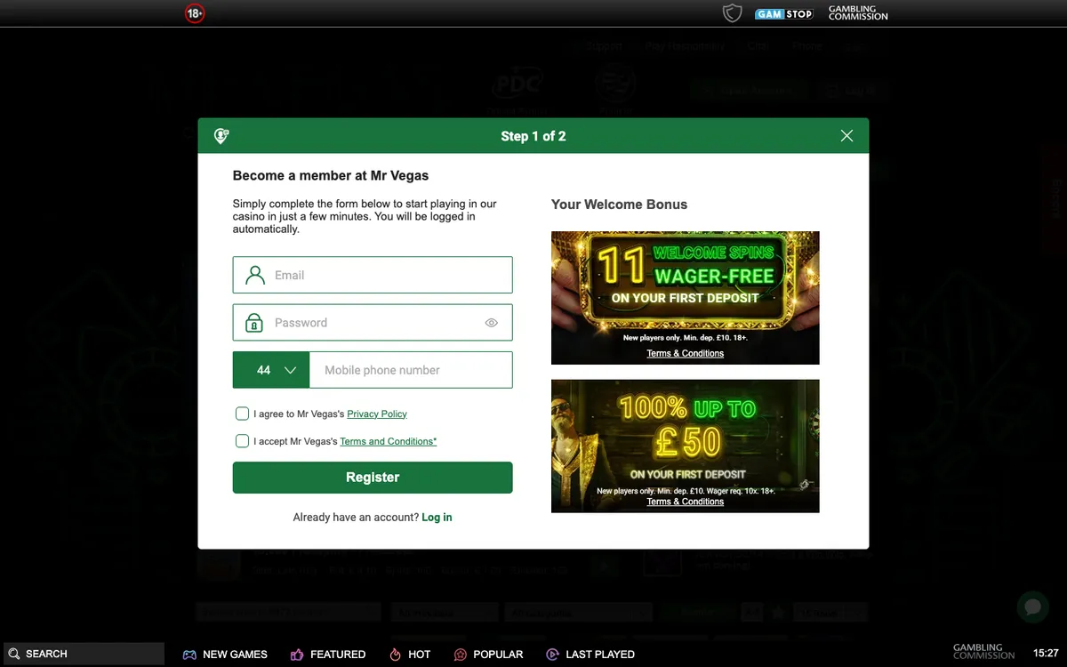 Mr Vegas Casino — Sign-up, captured from United Kingdom