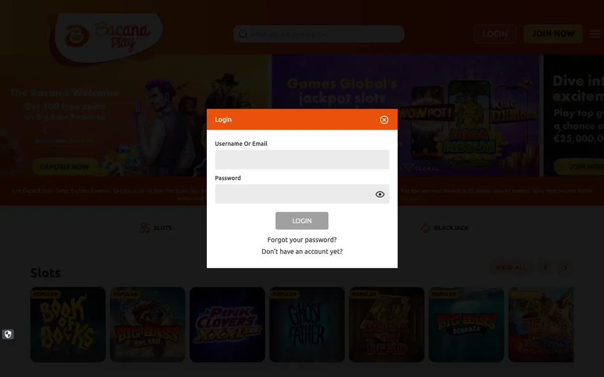 BacanaPlay Casino — «Регистрация», снято из страны Великобритания