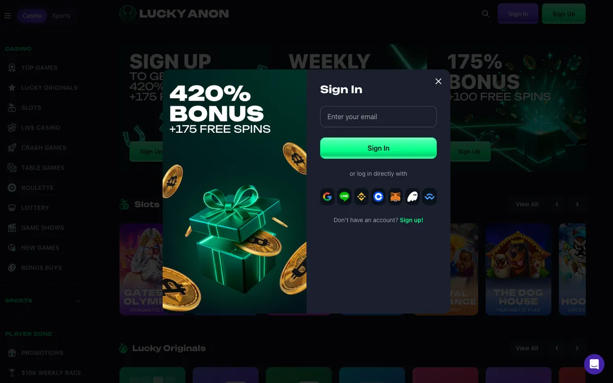 Lucky Anon Casino — Sign-up, captured from Austria
