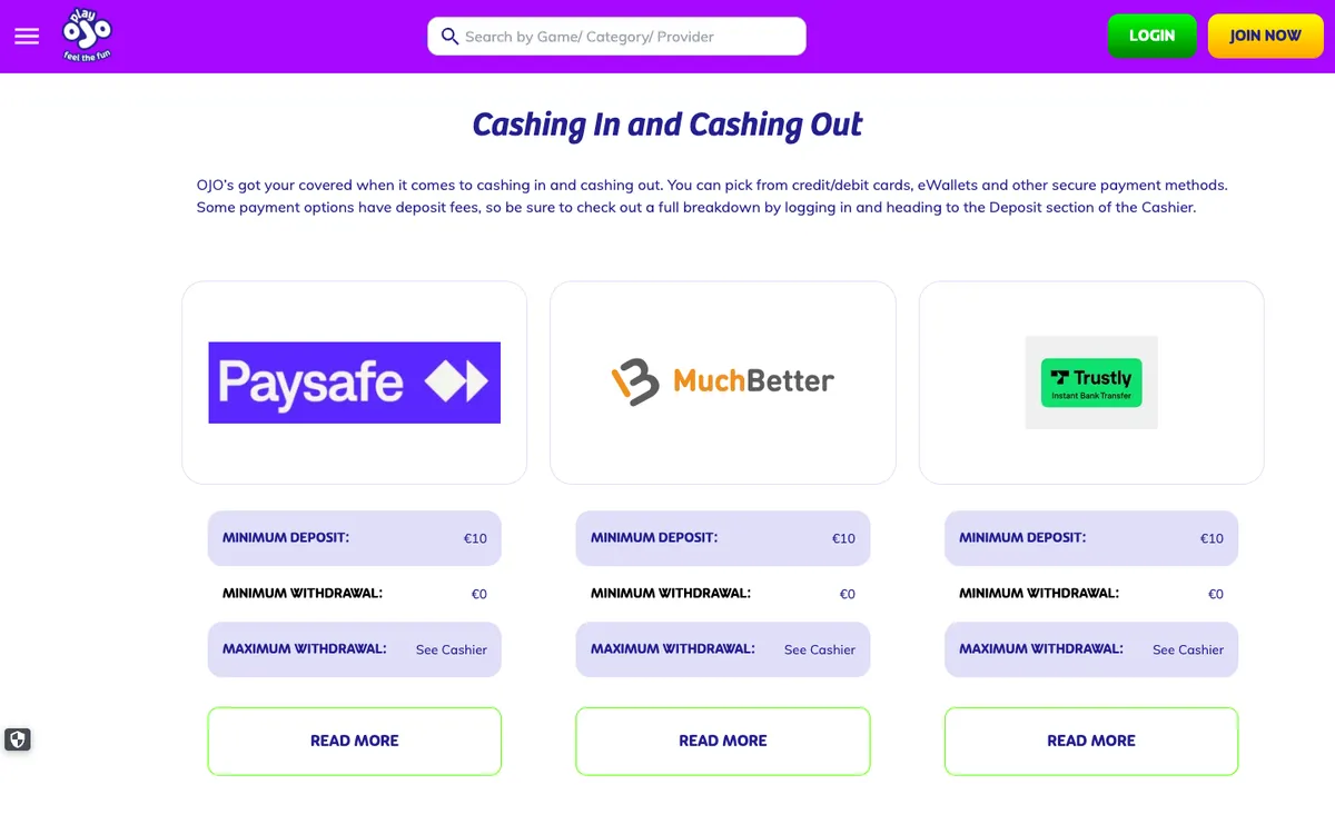 PlayOJO Casino — Payments, captured from Finland