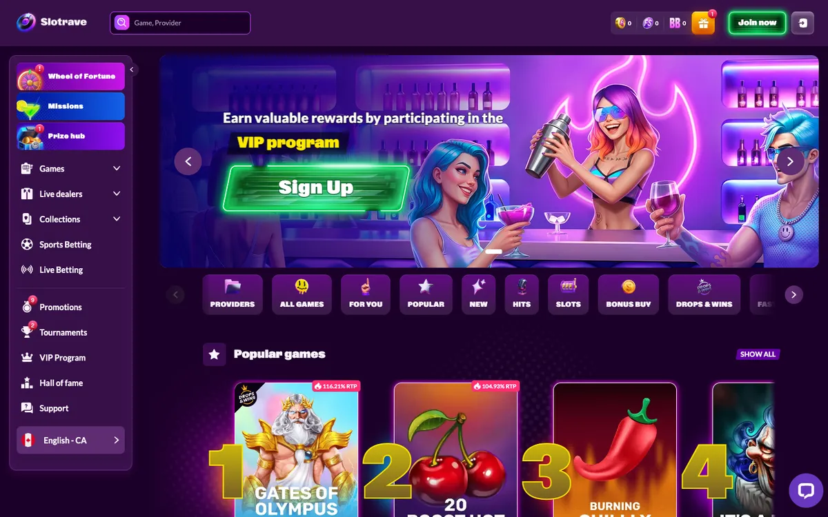 Slotrave Casino — Home page, captured from Canada