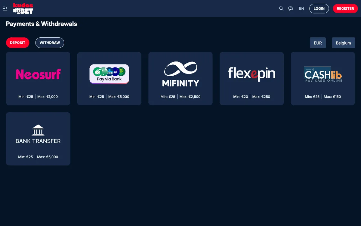Kudosbet Casino — Payments, captured from Belgium