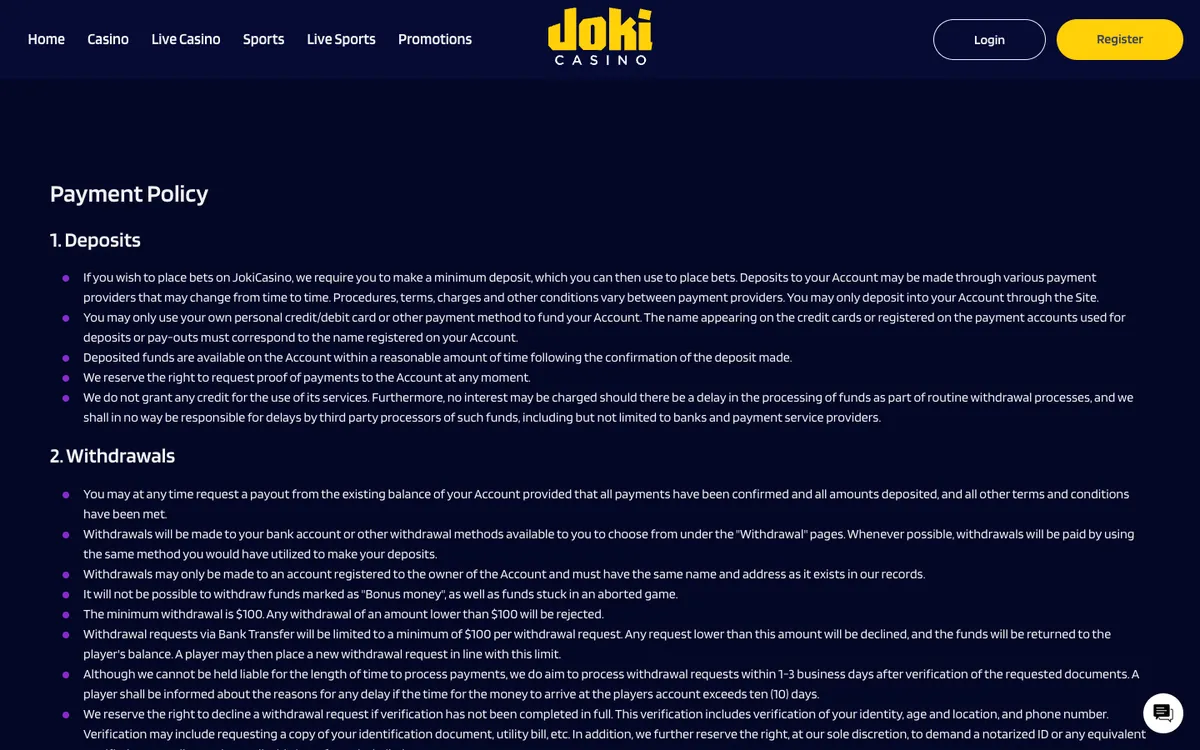 JokiCasino — «Платежи», снято из страны Новая Зеландия