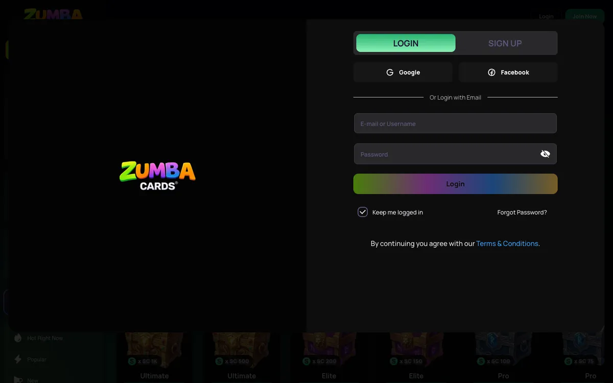 ZumbaCards Casino — Sign-up, captured from United States