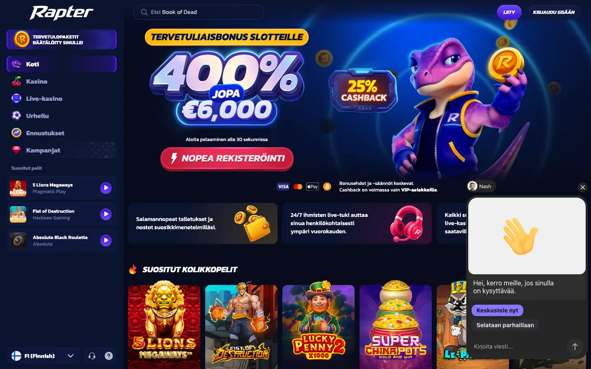Rapter Casino — Home page, captured from Finland