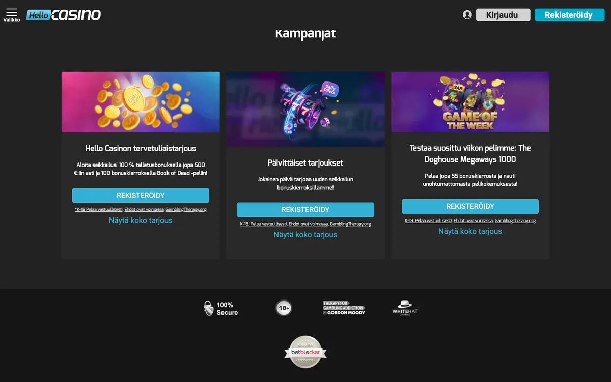 Hello Casino — «Акции», снято из страны Финляндия