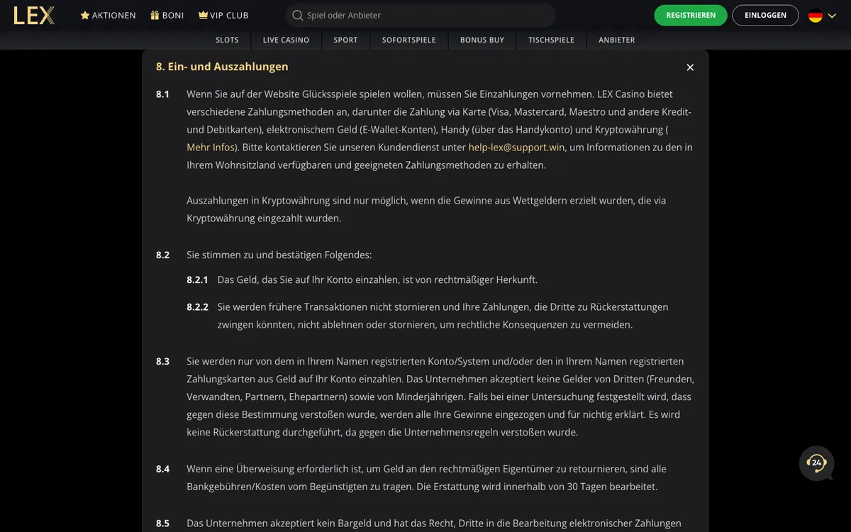 Lex Casino — Payments, captured from Austria