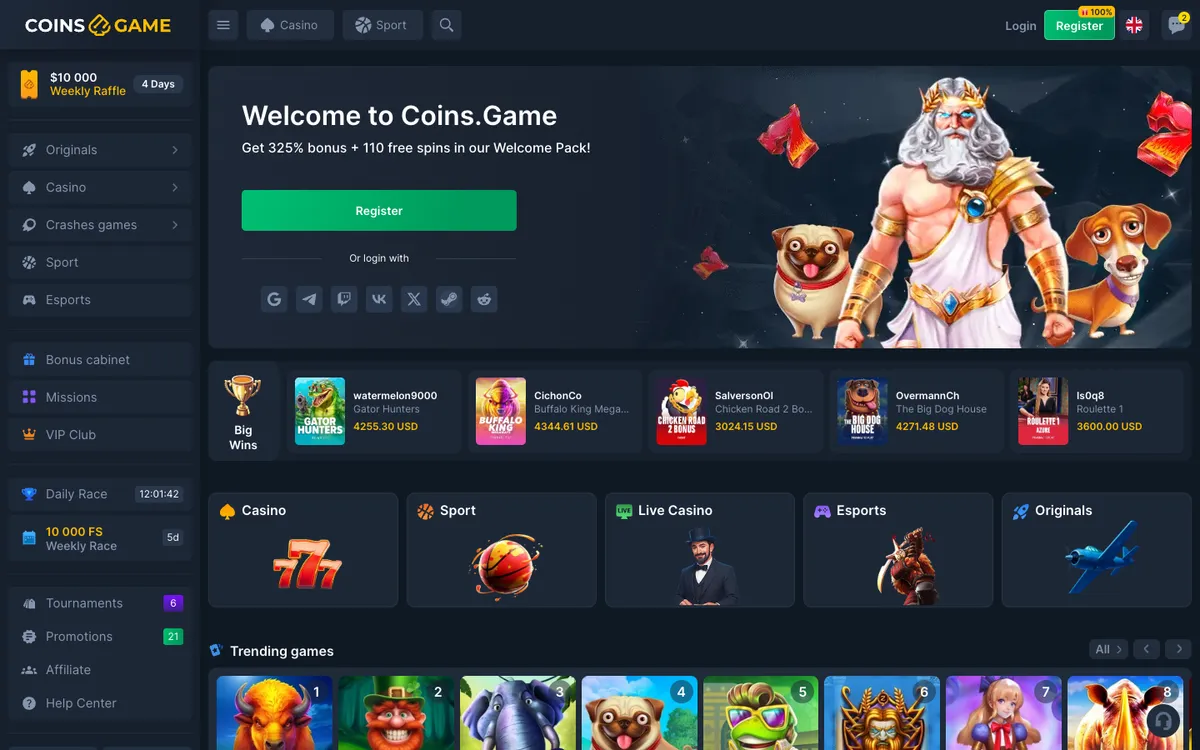 Coins Game Casino — Home page, captured from Australia