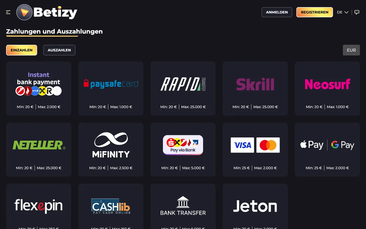 Betizy Casino — Payments, captured from Austria