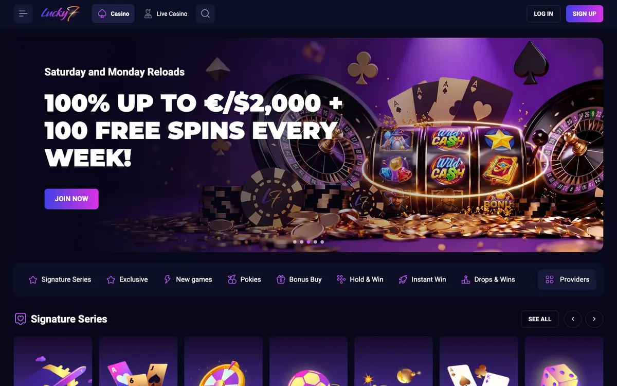 Lucky7even Casino — Home page, captured from New Zealand