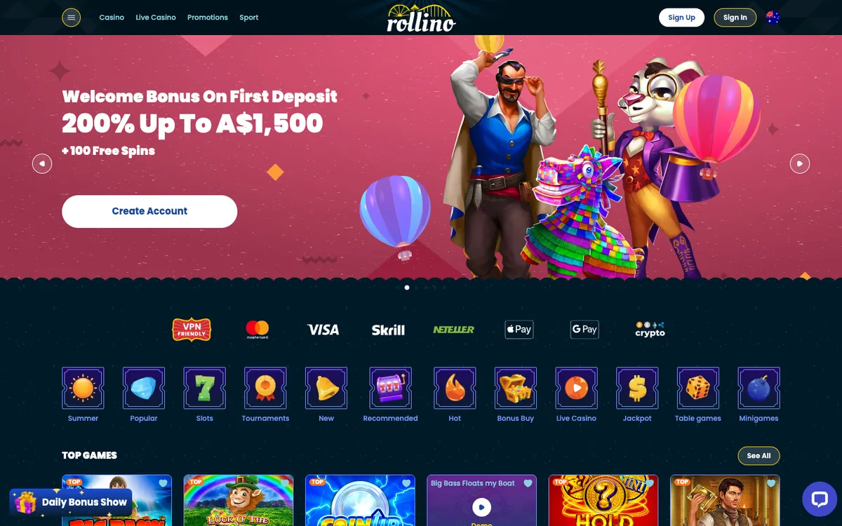Rollino Casino — Home page, captured from Australia