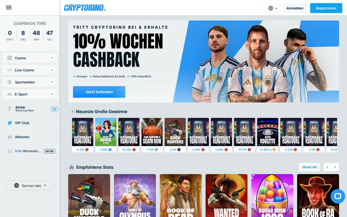 Cryptorino Casino — Home page, captured from Austria
