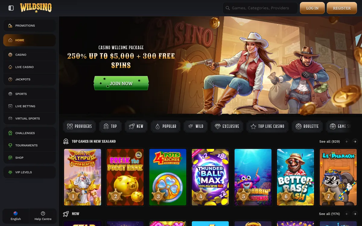 Wildsino Casino — Home page, captured from New Zealand