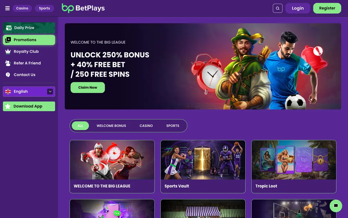 BetPlays Casino — «Акции», снято из страны Норвегия