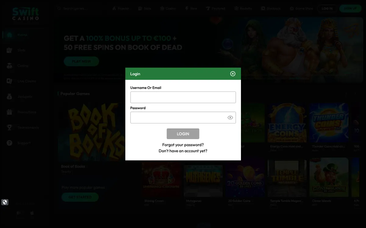 Swift Casino — Sign-up, captured from South Africa