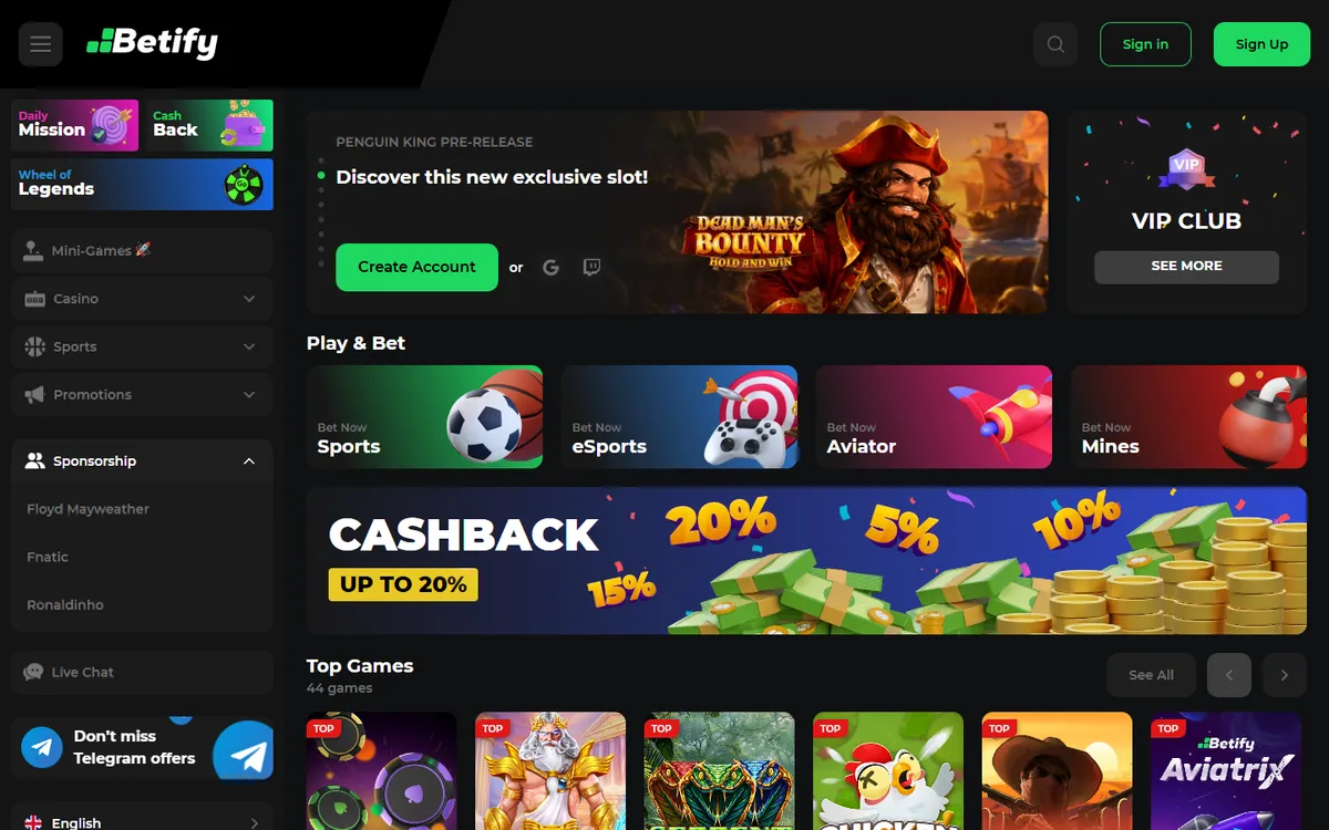 Betify Casino — Home page, captured from Canada