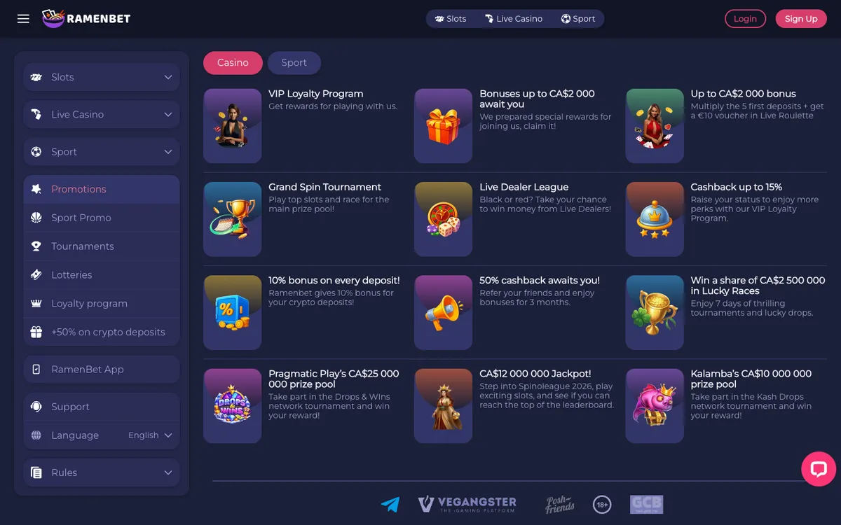 RamenBet Casino — Promotions, captured from Canada