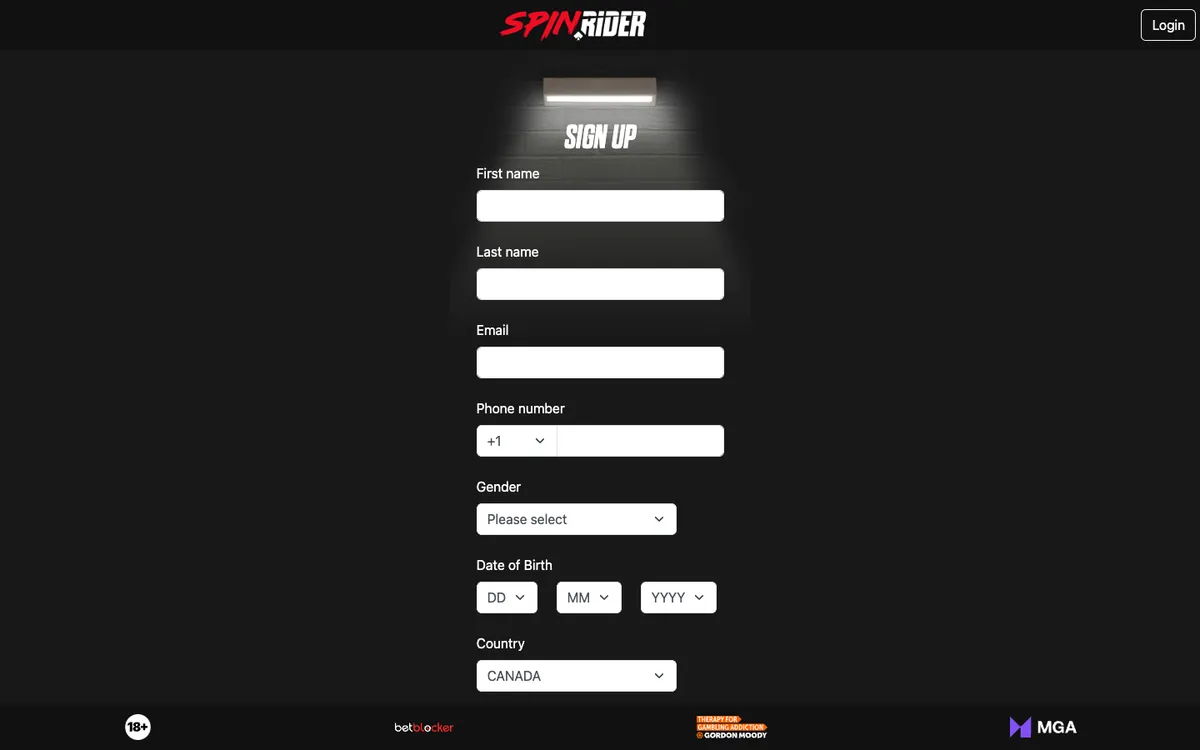 SpinRider Casino — Sign-up, captured from Canada