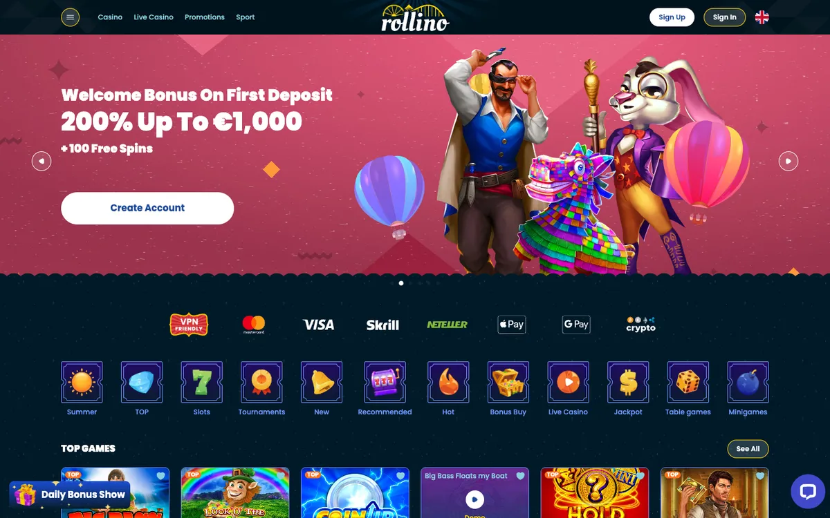 Rollino Casino — Home page, captured from Norway