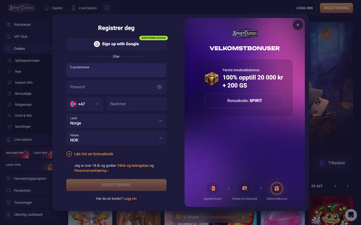 Spirit Casino — Sign-up, captured from Norway