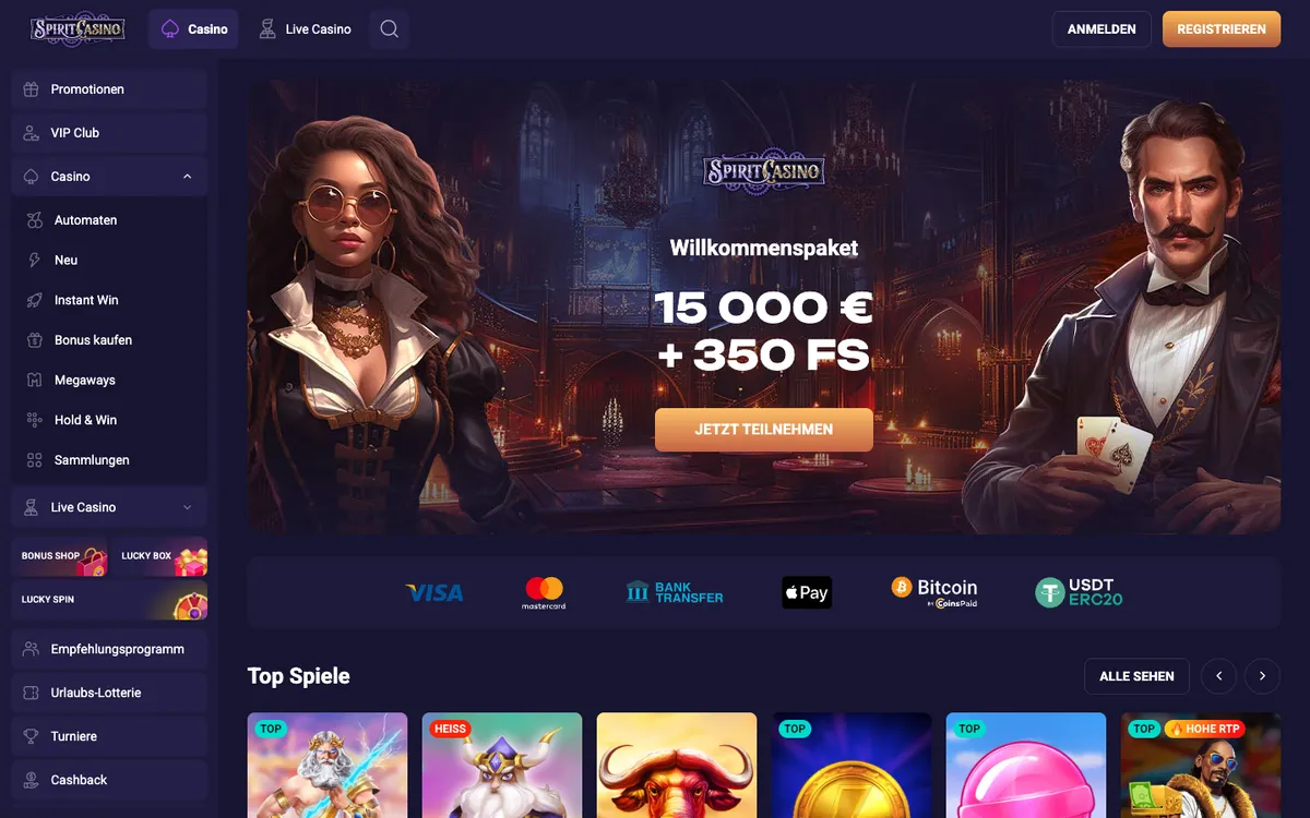 Spirit Casino — Home page, captured from Germany