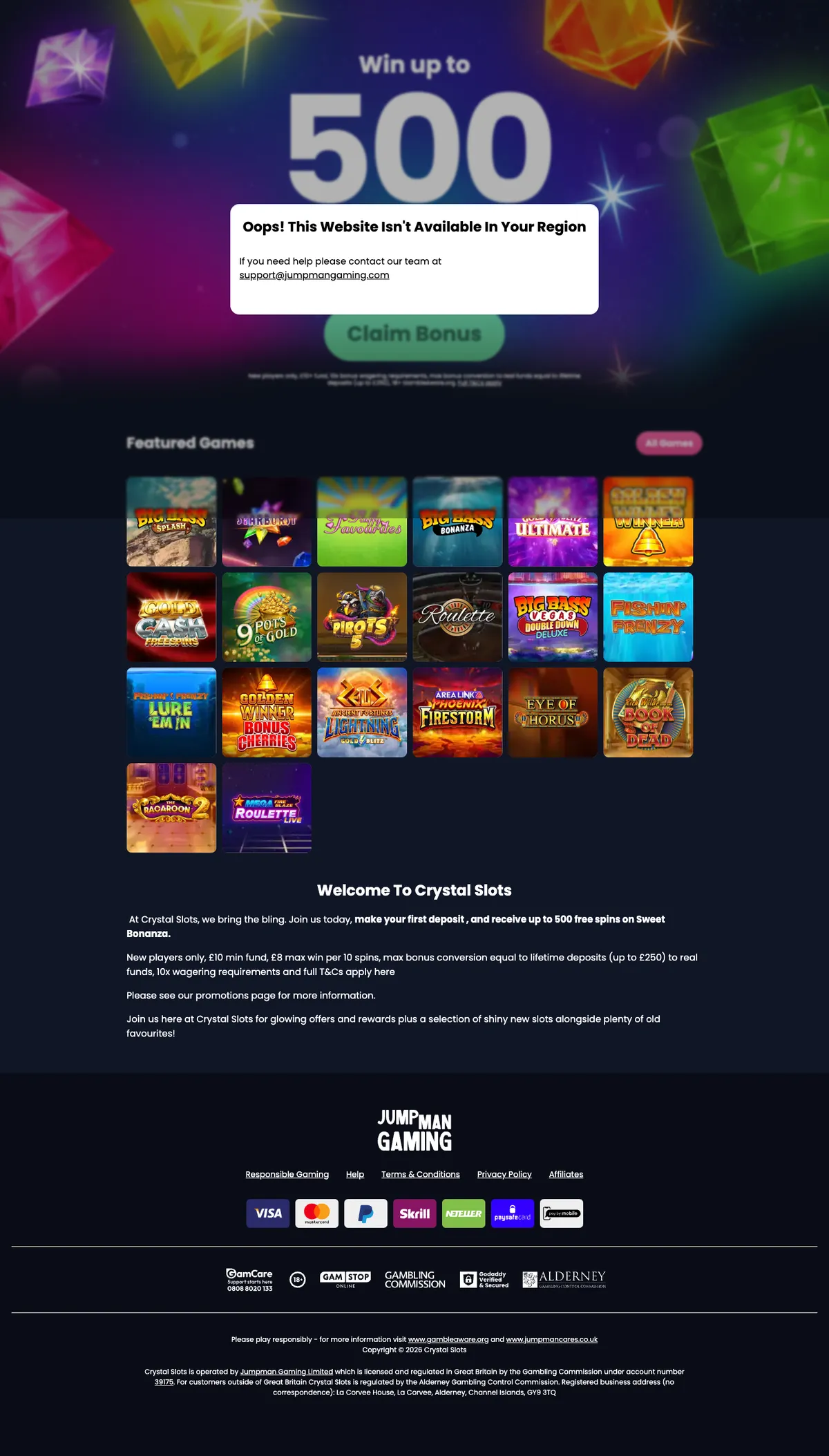Crystal Slots Casino — Home page, captured from Austria