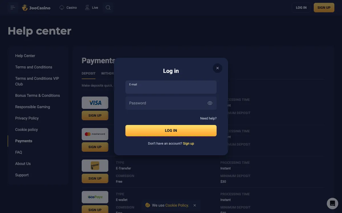 Joo Casino — «Регистрация», снято из страны Канада
