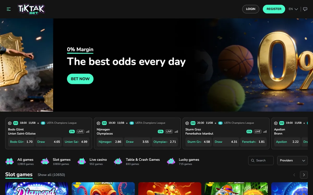TikTak Bet Casino — Home page, captured from Portugal