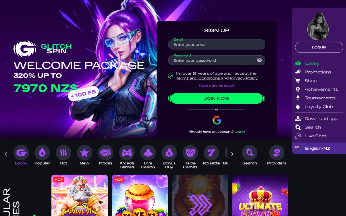Glitchspin Casino — «Главная», снято из страны Новая Зеландия