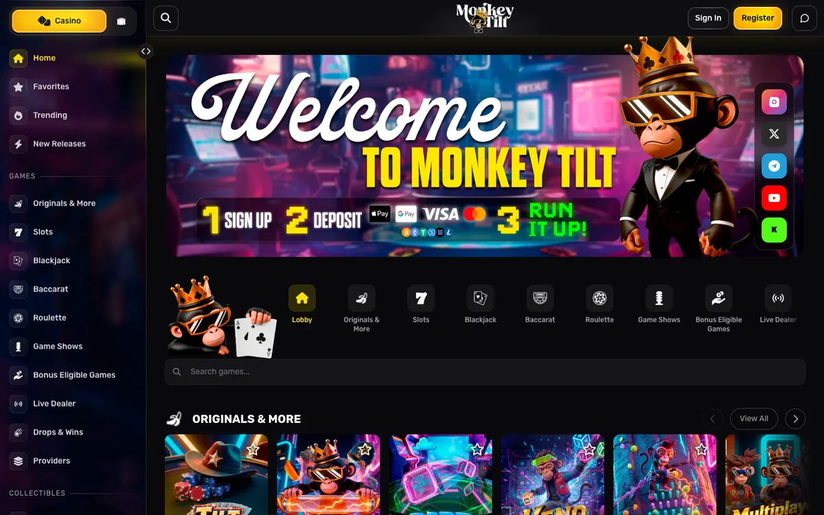 Monkey Tilt Casino — «Главная», снято из страны ОАЭ