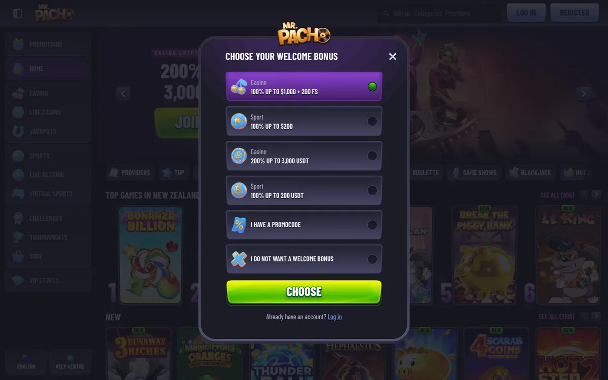 MrPacho Casino — Sign-up, captured from New Zealand