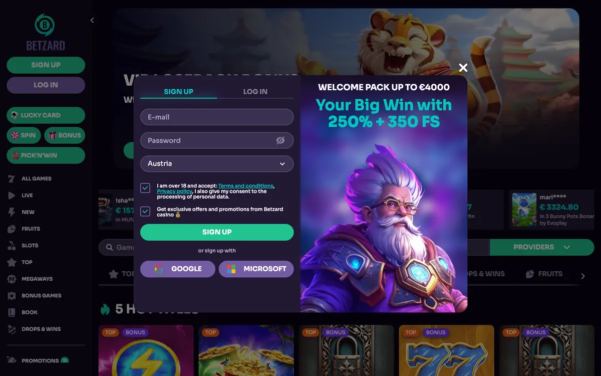 Betzard Casino — Sign-up, captured from Austria