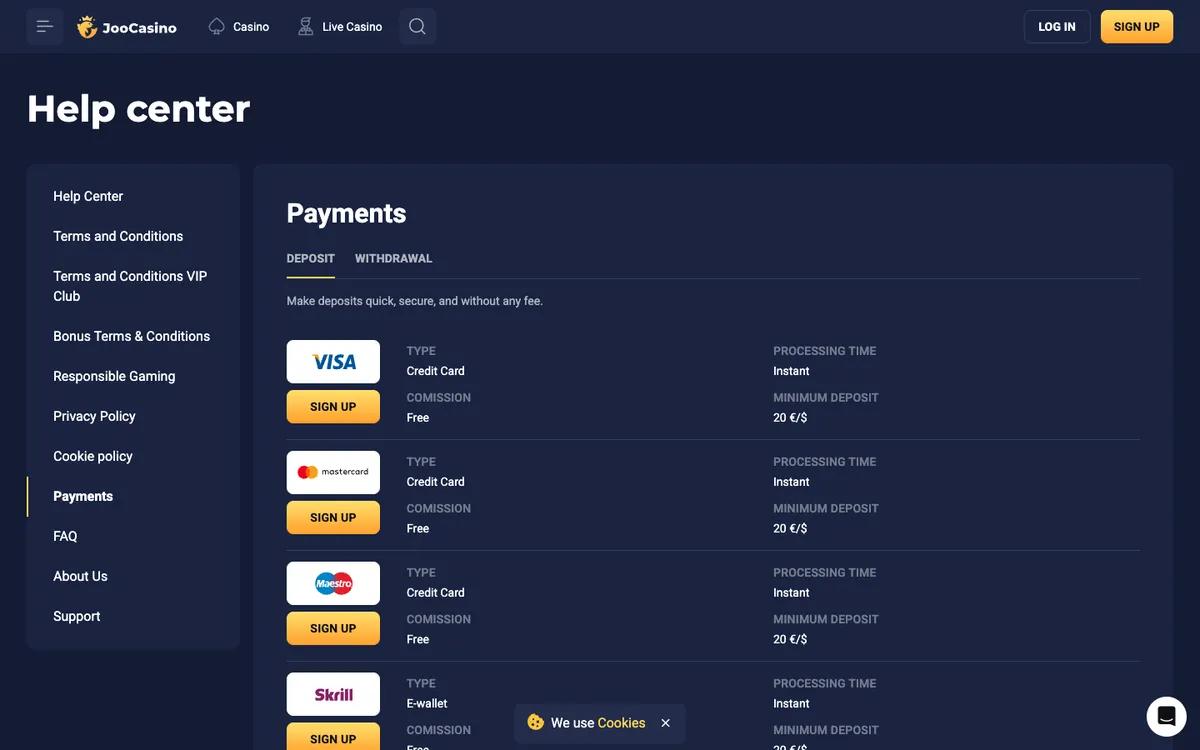 Joo Casino — «Платежи», снято из страны Финляндия