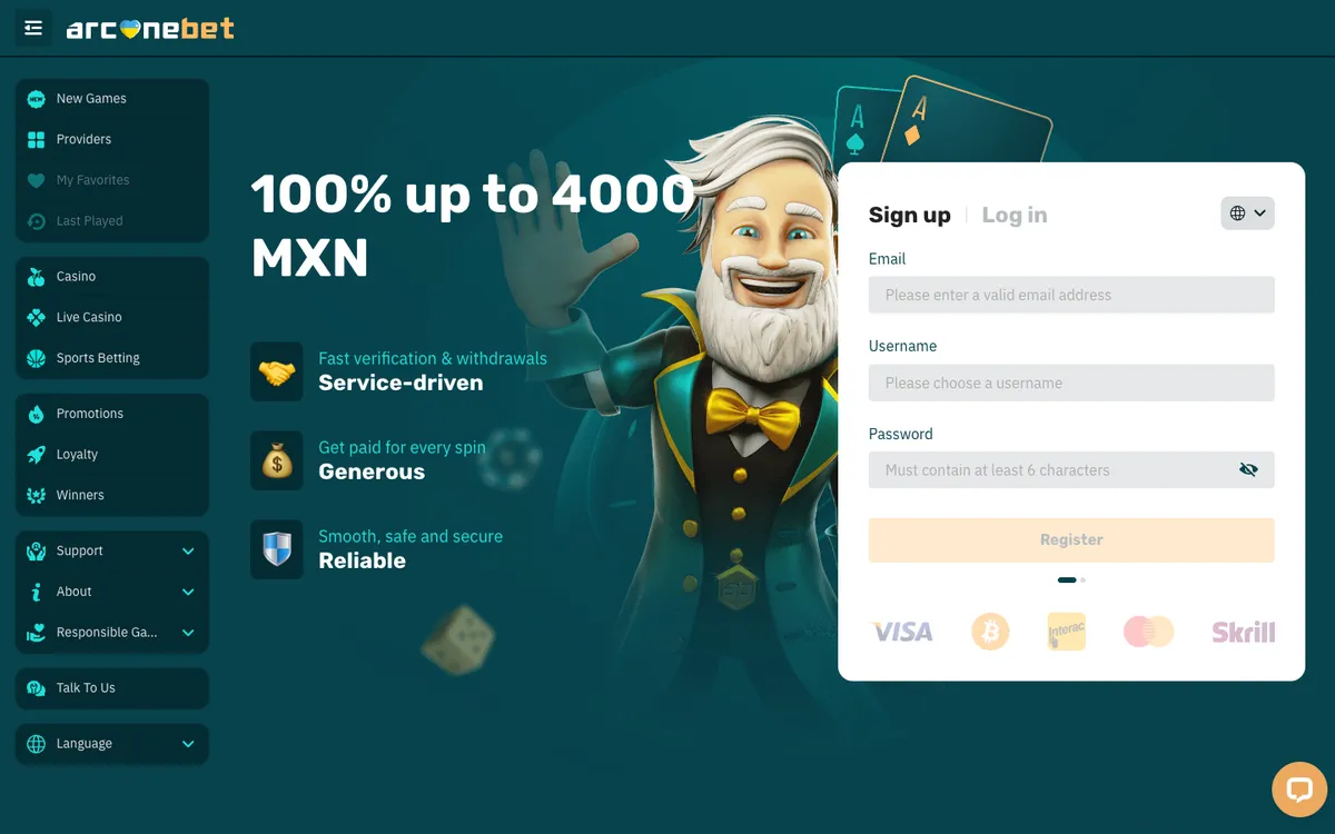 arcanebet Casino — Home page, captured from Mexico
