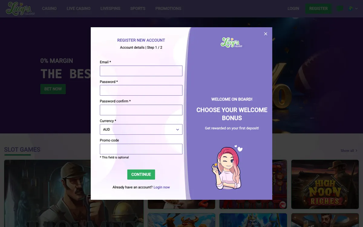 Lucy's Casino — Sign-up, captured from Australia