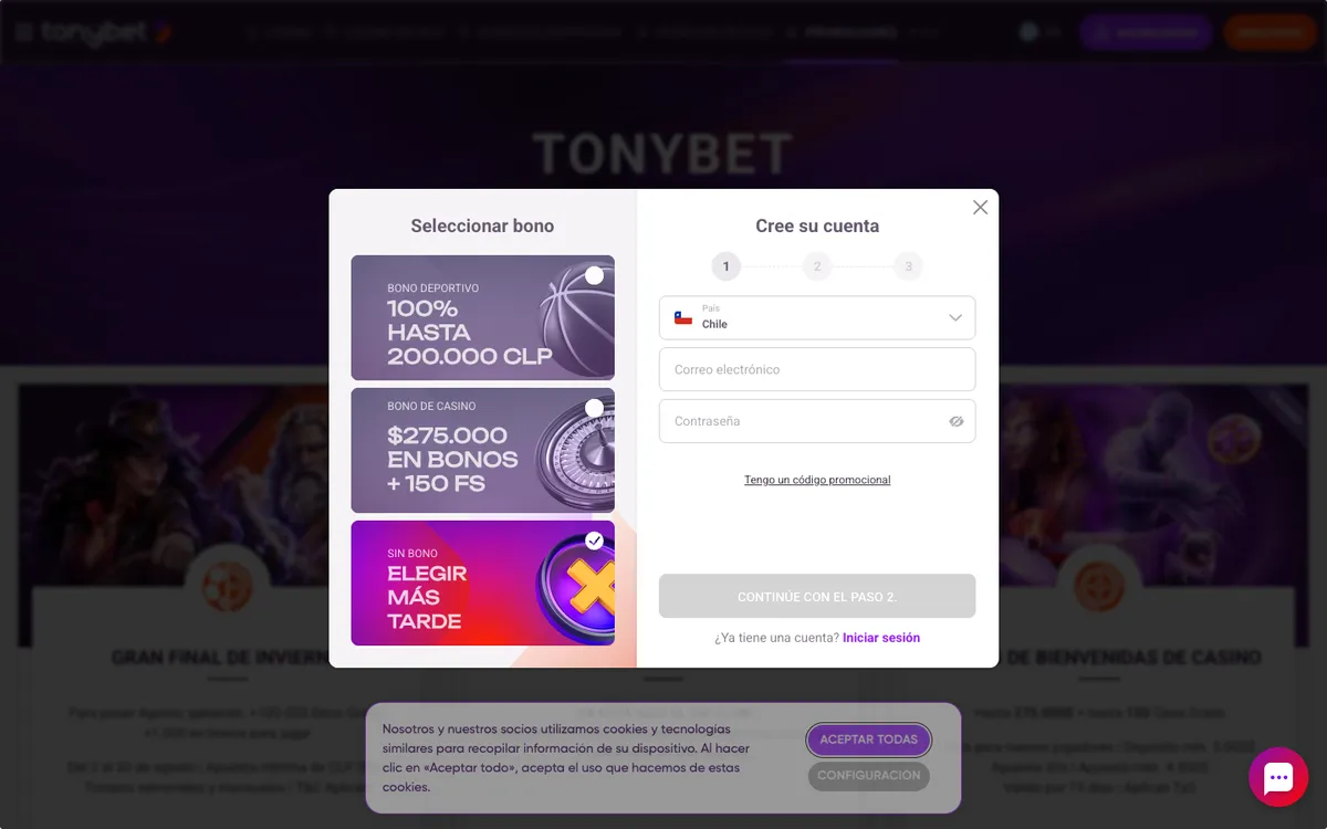 TonyBet Casino — Promotions, captured from Chile