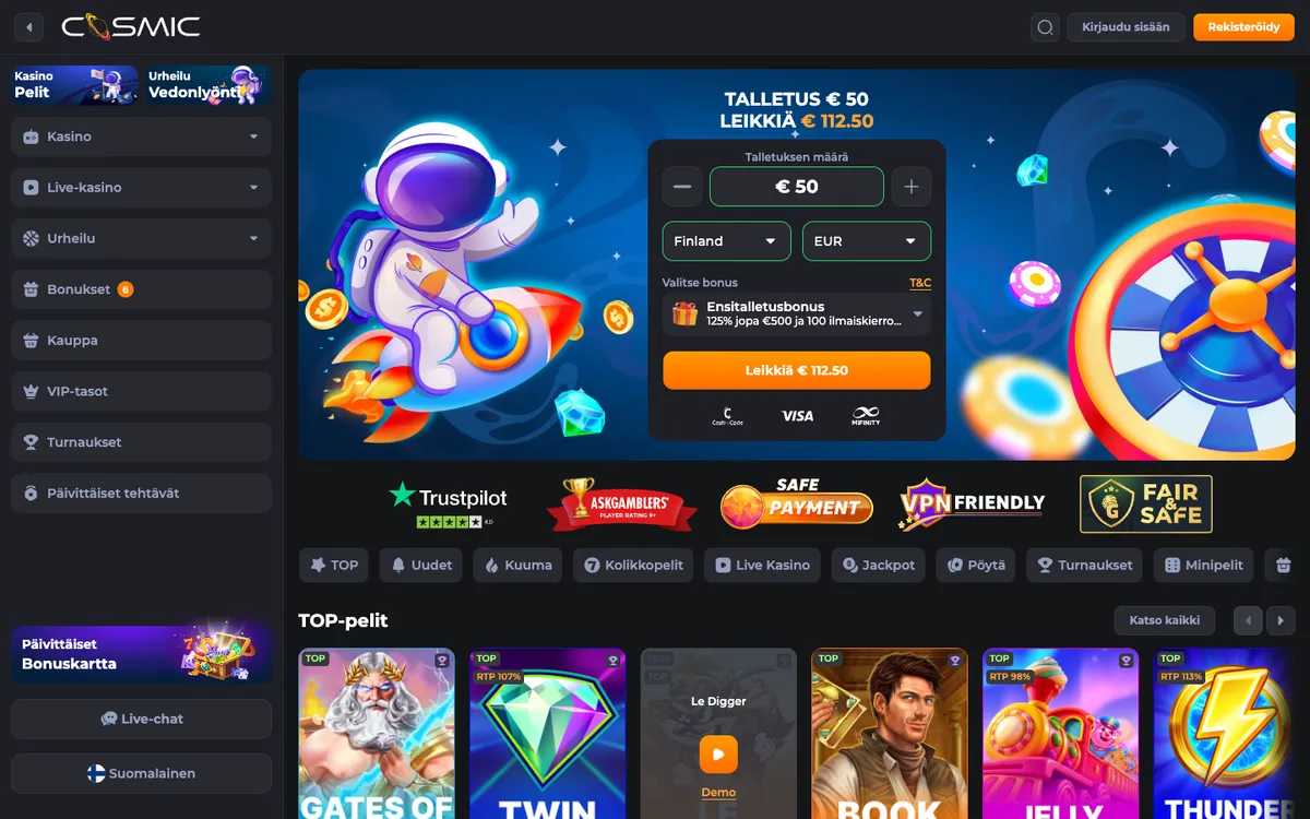 CosmicSlot Casino — «Главная», снято из страны Финляндия