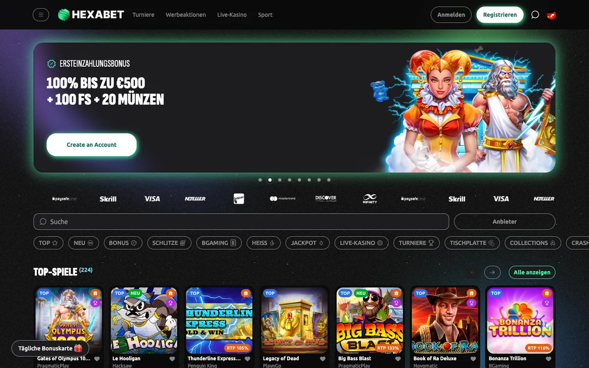 Hexabet Casino — Home page, captured from Switzerland