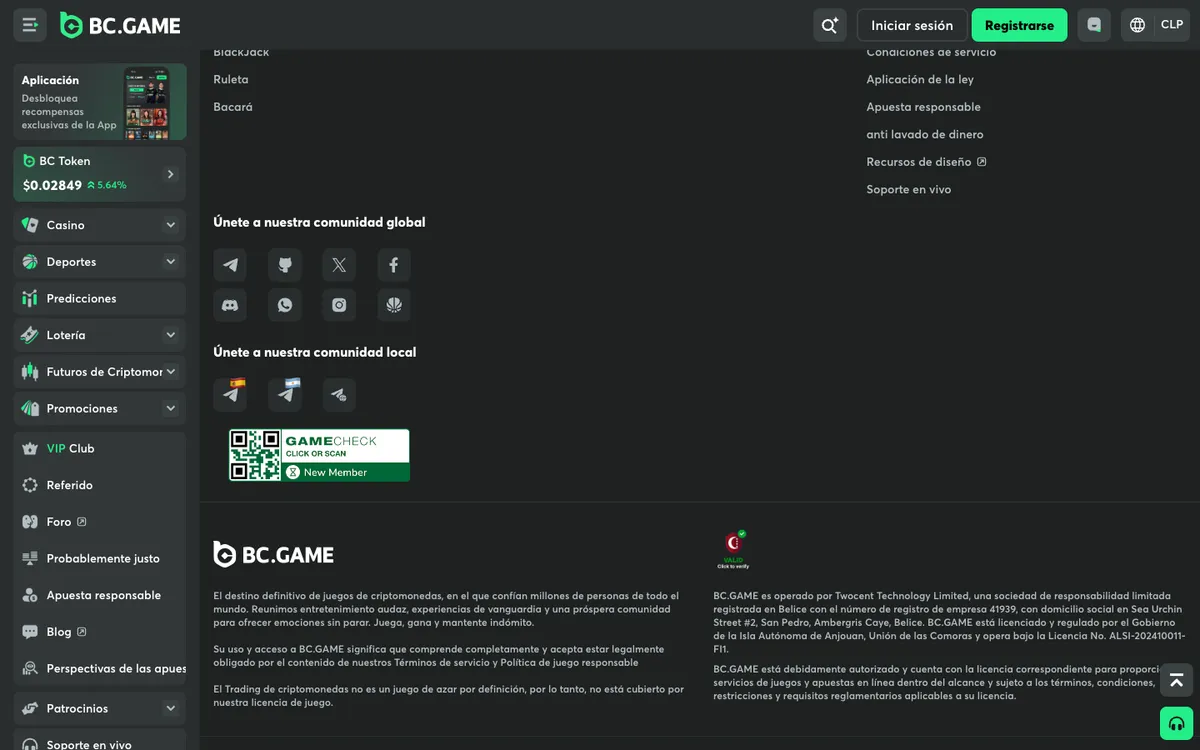 BC.Game Casino — Home page, captured from Chile