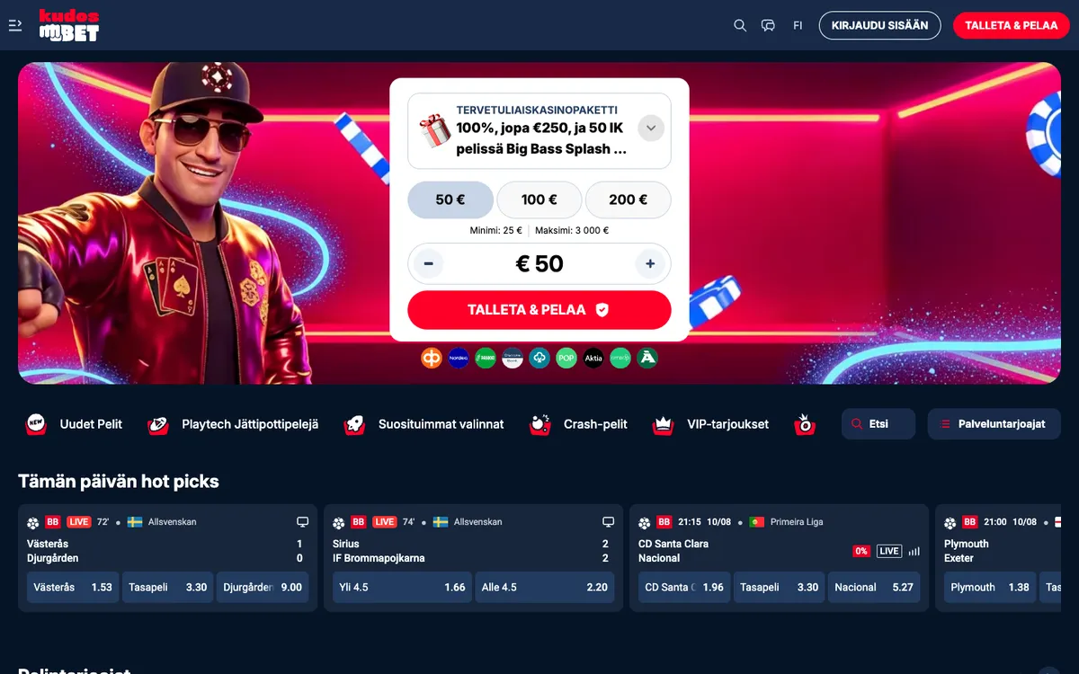 Kudosbet Casino — Home page, captured from Finland
