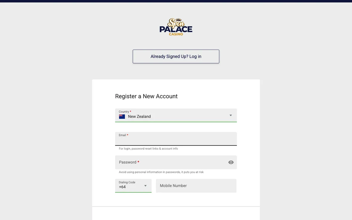 Spin Palace Casino — Sign-up, captured from New Zealand