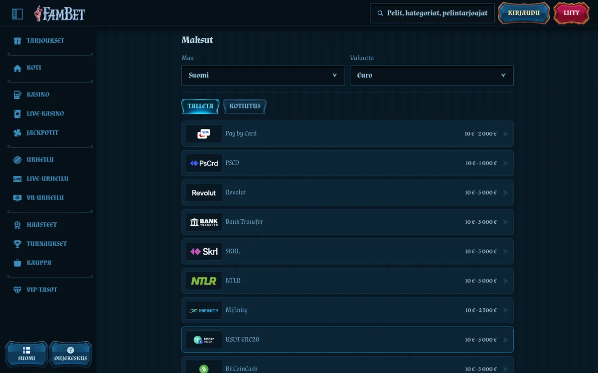 FamBet Casino — Payments, captured from Finland